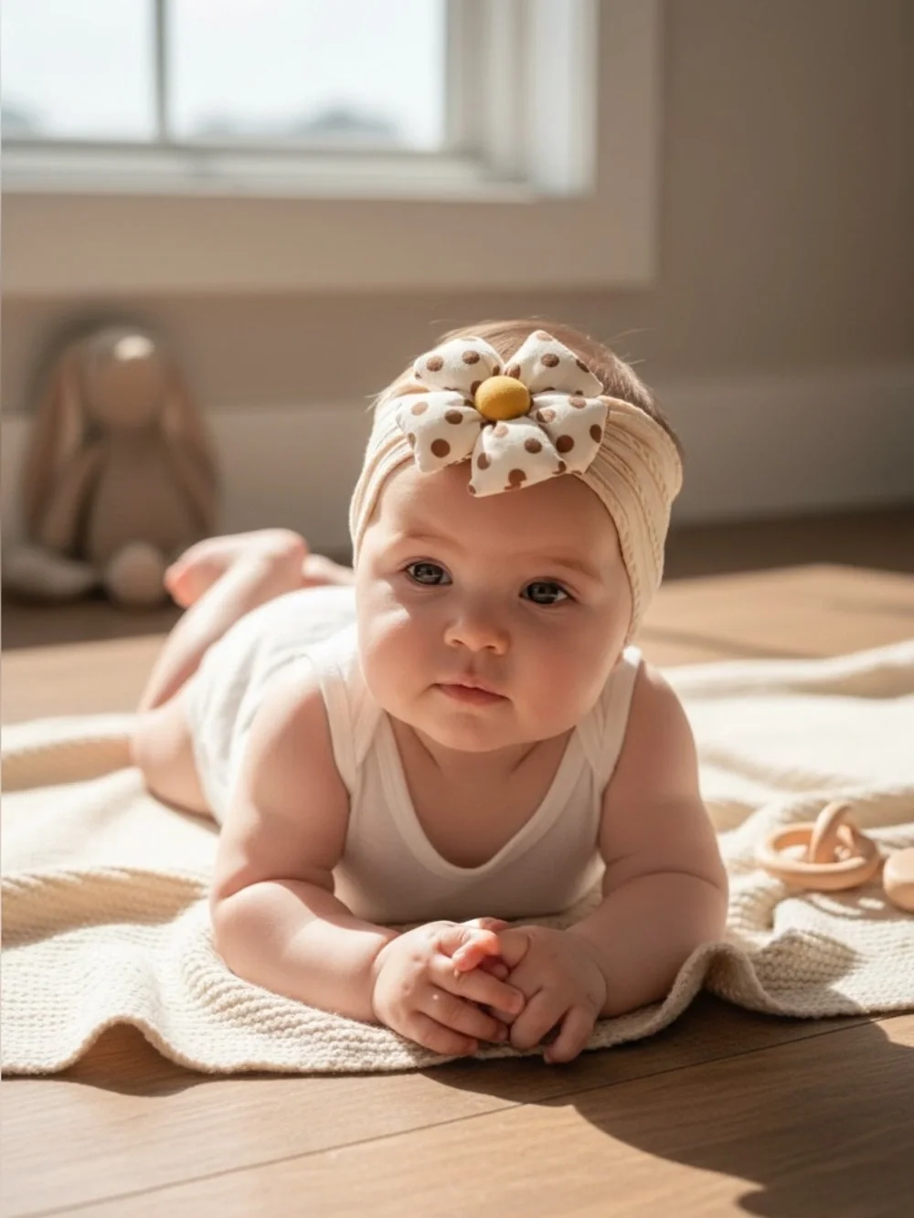 Neutral Polka Dot Flower Headband for Kids - Cream with Brown and Yellow Accent
